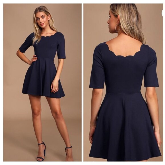 Lulus NWT Tip the Scallops Navy Blue Scalloped Skater Dress Cocktail Womens Sz S - Picture 2 of 14